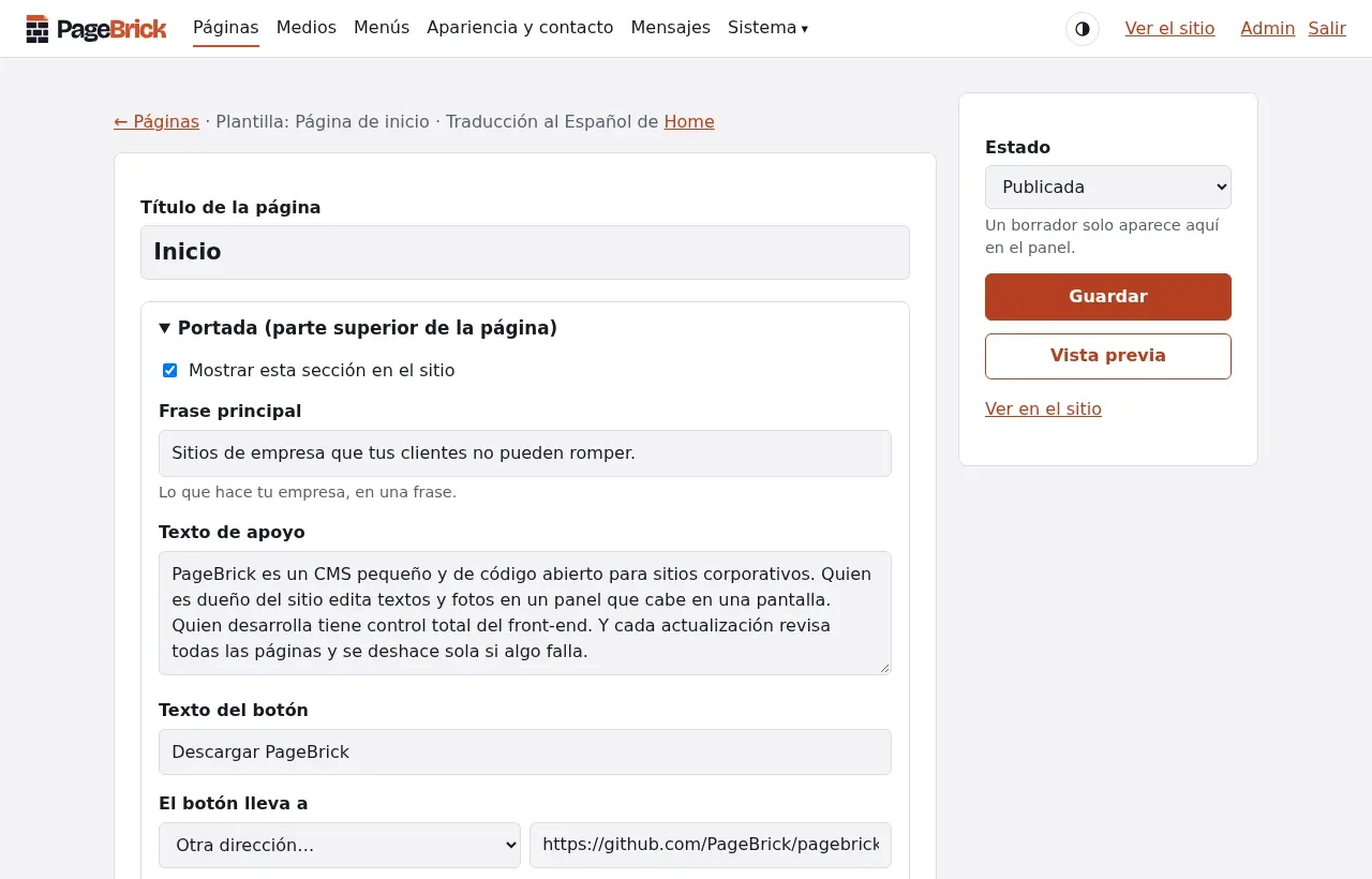 El panel de PageBrick editando la página de inicio de un sitio